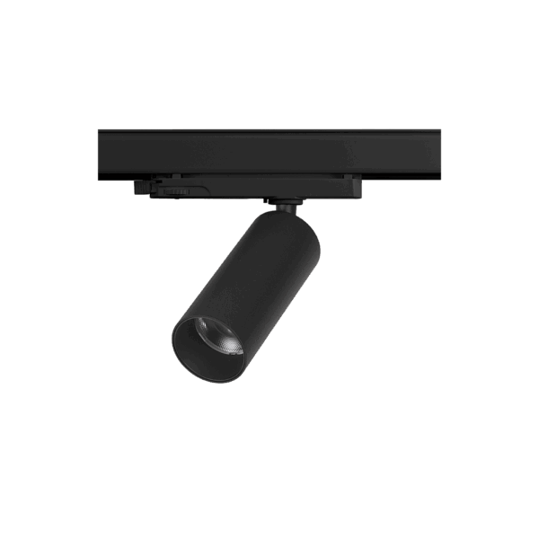 Black version of the Juno XS Lente, a 220V track spot designed by Karizma Luce.