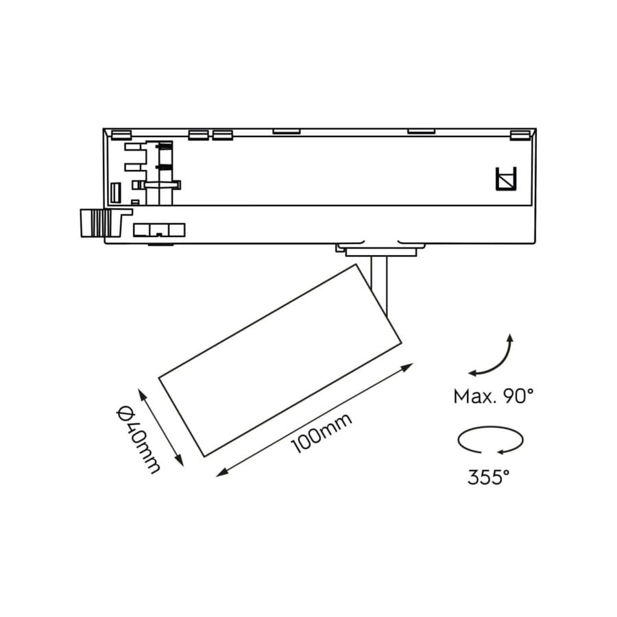 Technical drawing of the Juno XS Lente, a 220V track spot, illustrating detailed dimensions and design specifications.