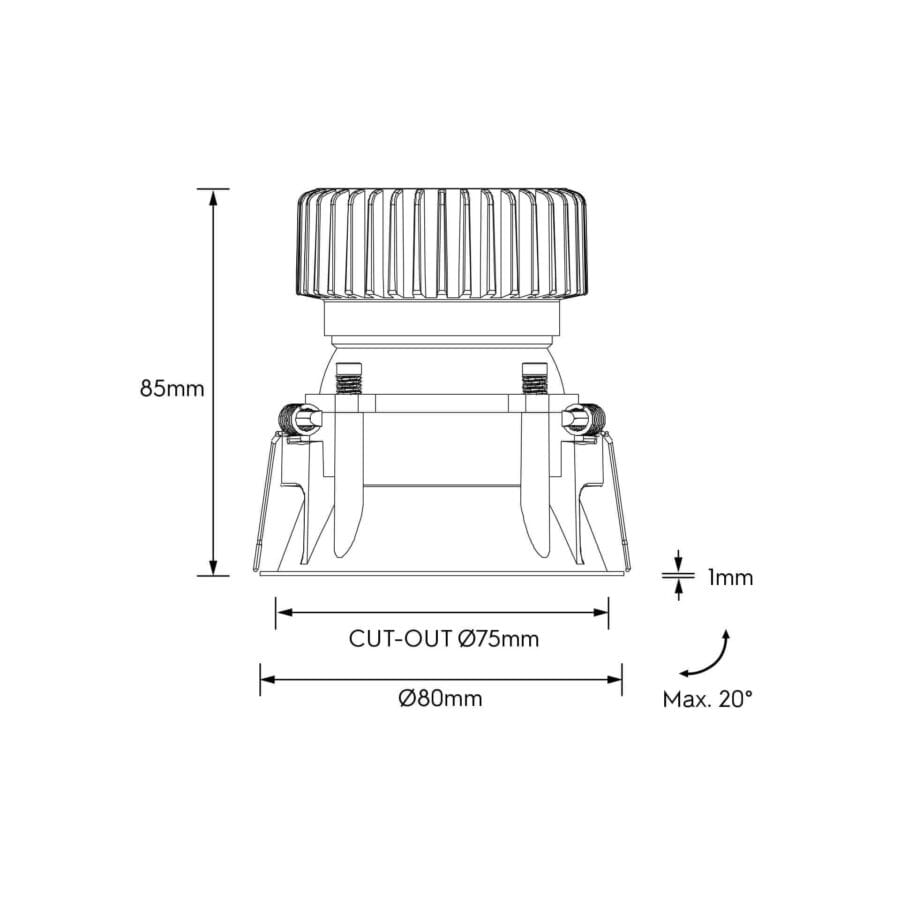 Technical drawing of the Profondo Basso Swing, an adjustable led downlight, illustrating detailed dimensions and design specifications.
