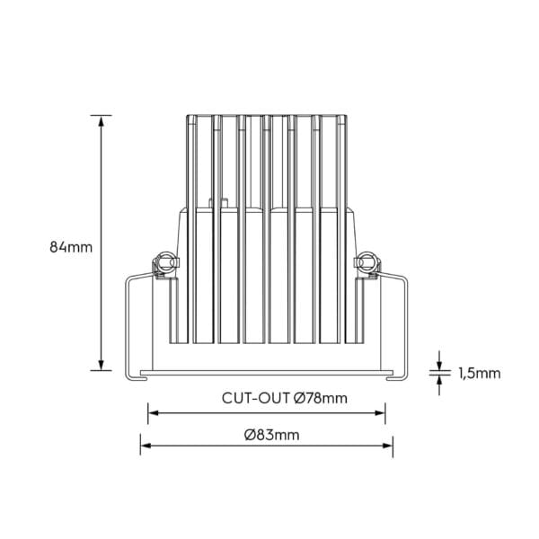 Technical drawing of the Amata M Lente, a fixed recessed luminaire, illustrating detailed dimensions and design specifications.