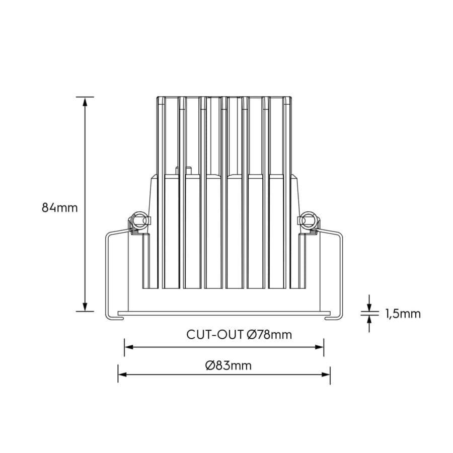 Technical drawing of the Amata M Lente, a fixed recessed luminaire, illustrating detailed dimensions and design specifications.