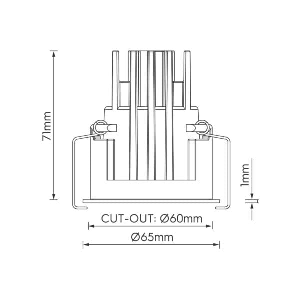 Technical drawing of the Amata S Lente, a fixed recessed luminaire, illustrating detailed dimensions and design specifications.