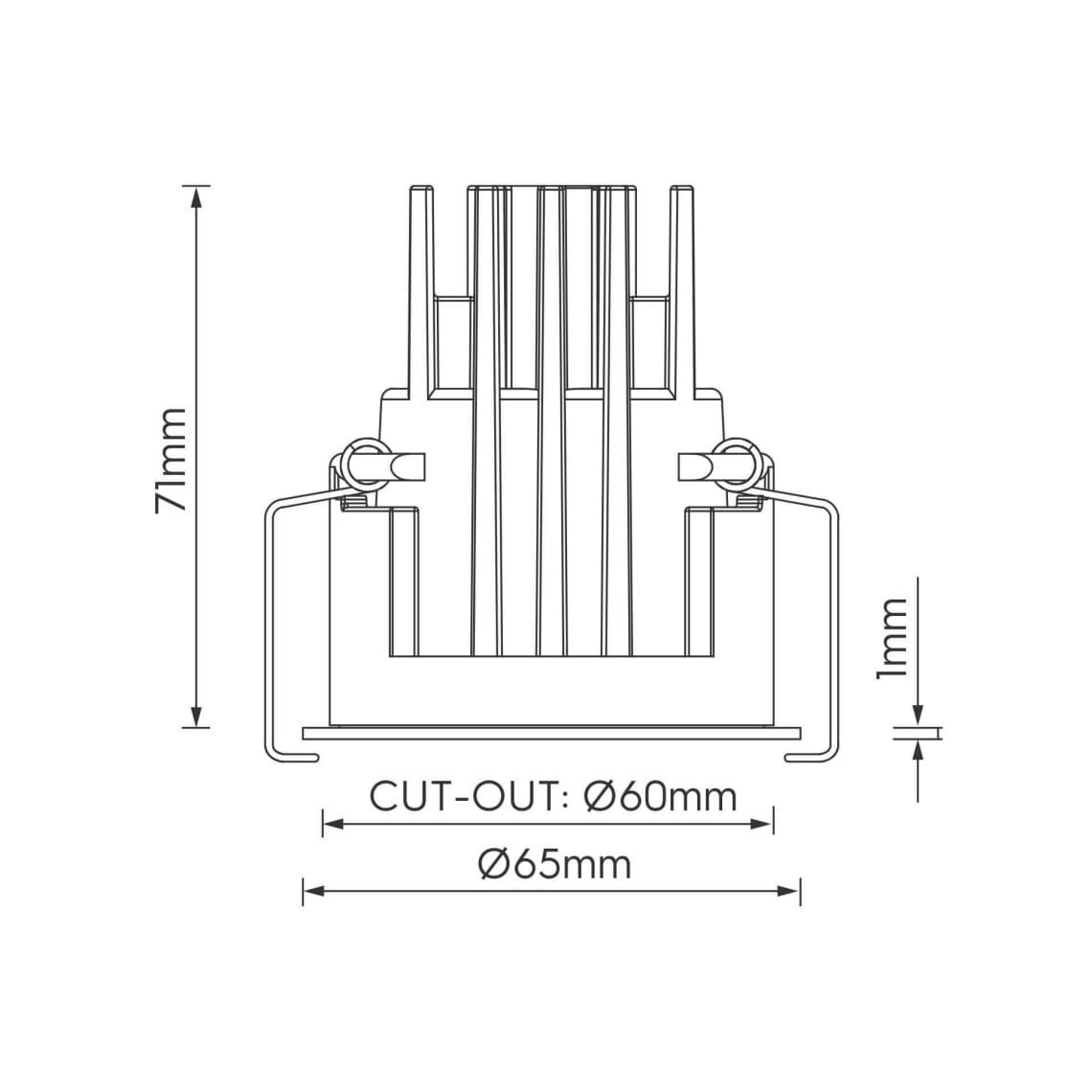 Amata-S-Lente-3 Technical drawing of the Amata S Lente, a fixed recessed luminaire, illustrating detailed dimensions and design specifications.