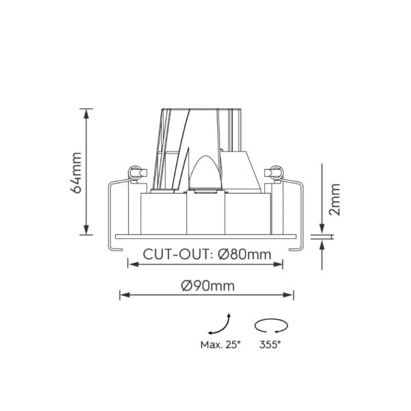 Technical drawing of the Carmentas S Lente, an adjustable recessed luminaire, illustrating detailed dimensions and design specifications.