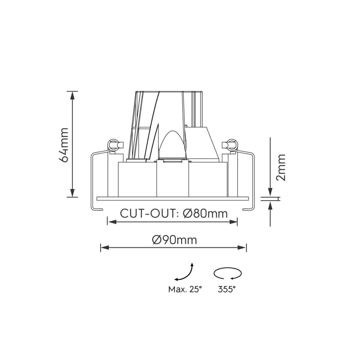 Carmenta-S-Lente-3 Technical drawing of the Carmentas S Lente, an adjustable recessed luminaire, illustrating detailed dimensions and design specifications.