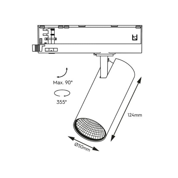 Technical drawing of the Caro, a 220V track spot, illustrating detailed dimensions and design specifications.