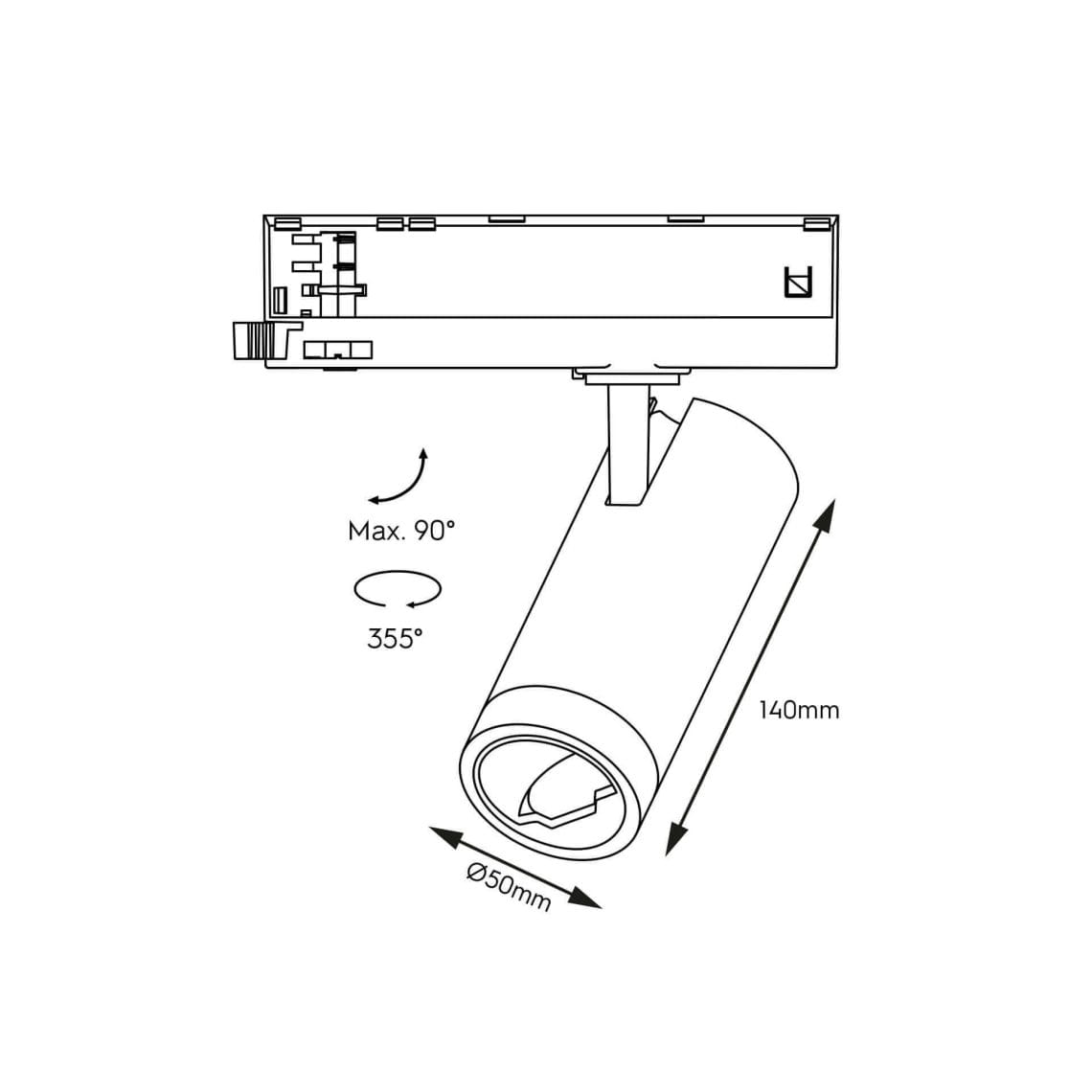 Technical drawing of the Caro AS (Wall Washer), a 220V track spot, illustrating detailed dimensions and design specifications.