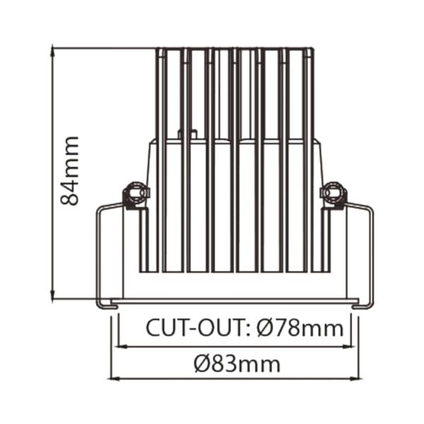 Technical drawing of the Dea Amata M AS, a fixed recessed downlight designed by Karizma Luce. illustrating detailed dimensions and design specifications.