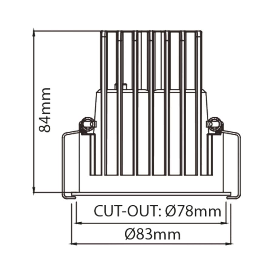Technical drawing of the Dea Amata M AS, a fixed recessed downlight designed by Karizma Luce. illustrating detailed dimensions and design specifications.