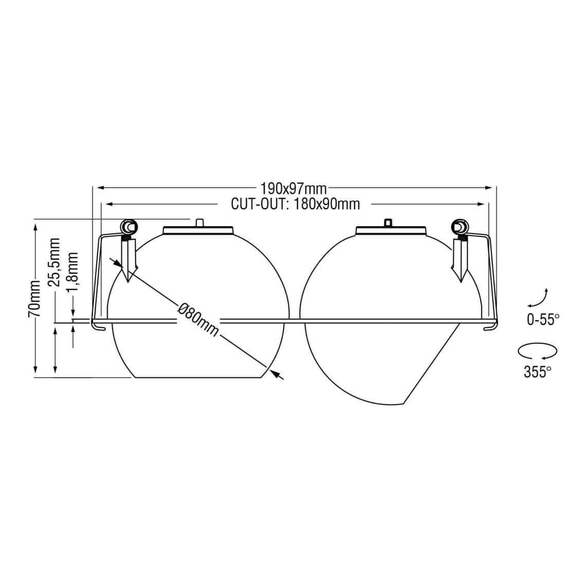 Dea-Eros-S-ME-in-duo-15 Technical drawing of the Dea Eros XS MU-in duo, a recessed luminaire, illustrating detailed dimensions and design specifications.