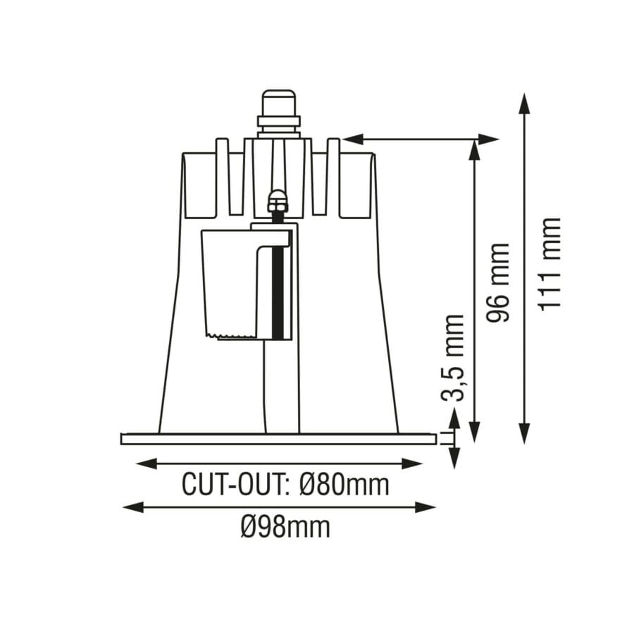 Technical drawing of the Dea Apollo, a fixed recessed luminaire, illustrating detailed dimensions and design specifications.