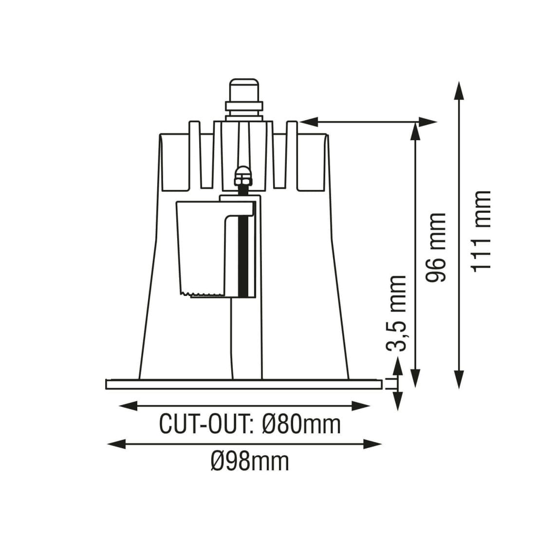 Dea-Apollo-11 Technical drawing of the Dea Apollo, a fixed recessed luminaire, illustrating detailed dimensions and design specifications.