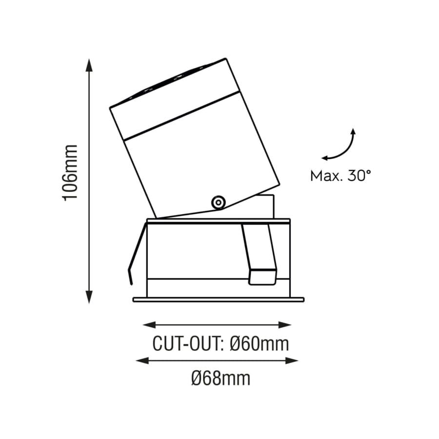 Technical drawing of the Casa M Swing, an adjustable recessed luminaire, illustrating detailed dimensions and design specifications.