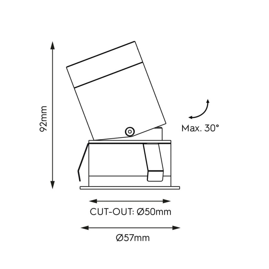 Technical drawing of the Casa S Swing, an adjustable recessed luminaire, illustrating detailed dimensions and design specifications.