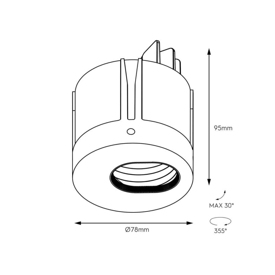 Technical drawing of the Dea Chiara M, a recessed adjustable pin hole luminaire, illustrating detailed dimensions and design specifications.