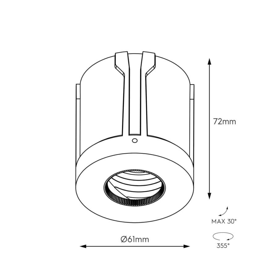 Technical drawing of the Dea Luca S, a fixed pin hole luminaire, illustrating detailed dimensions and design specifications.