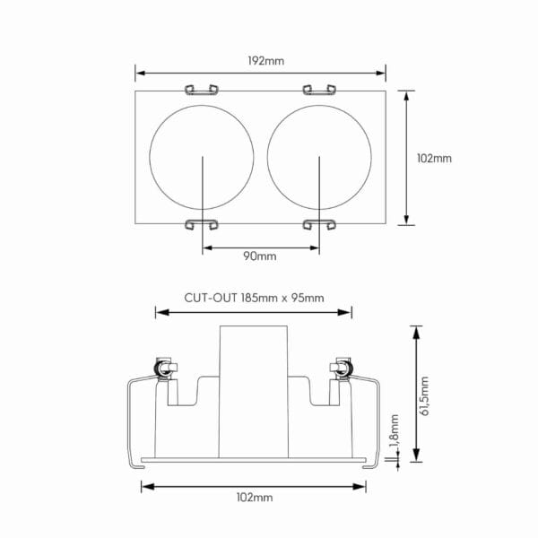 Technical drawing of the Dea Athena M T Quadra Rondo duo, a versatile modular system, illustrating detailed dimensions and design specifications.