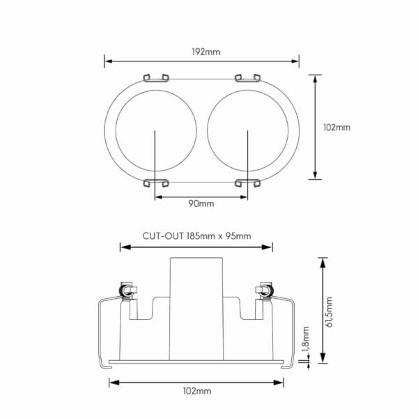 Technical drawing of the Dea Athena M T Rondo Rondo duo, a versatile modular system, illustrating detailed dimensions and design specifications.