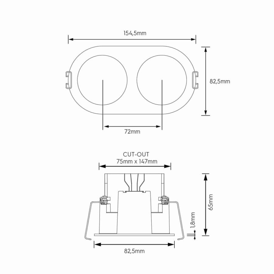 Technical drawing of the Dea Athena S T Rondo Rondo duo, a versatile modular system, illustrating detailed dimensions and design specifications.