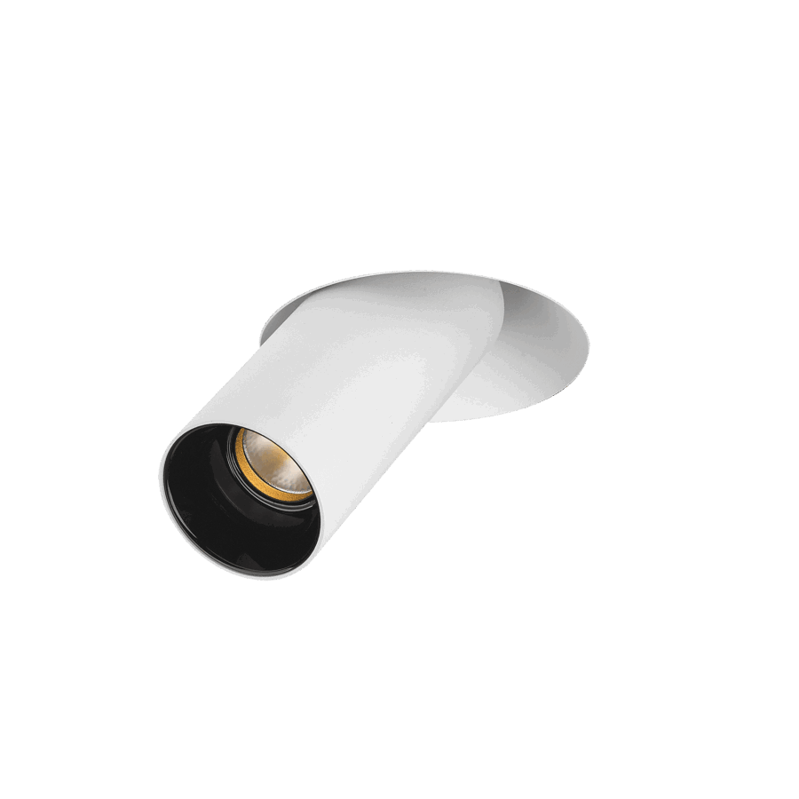 White version of the Dea Durga M with black gloss reflector, a versatile modular fixture designed by Karizma Luce.