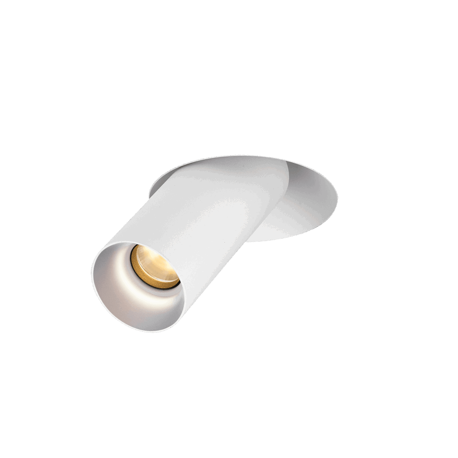 White version of the Dea Durga M with chrome reflector, a versatile modular fixture designed by Karizma Luce.