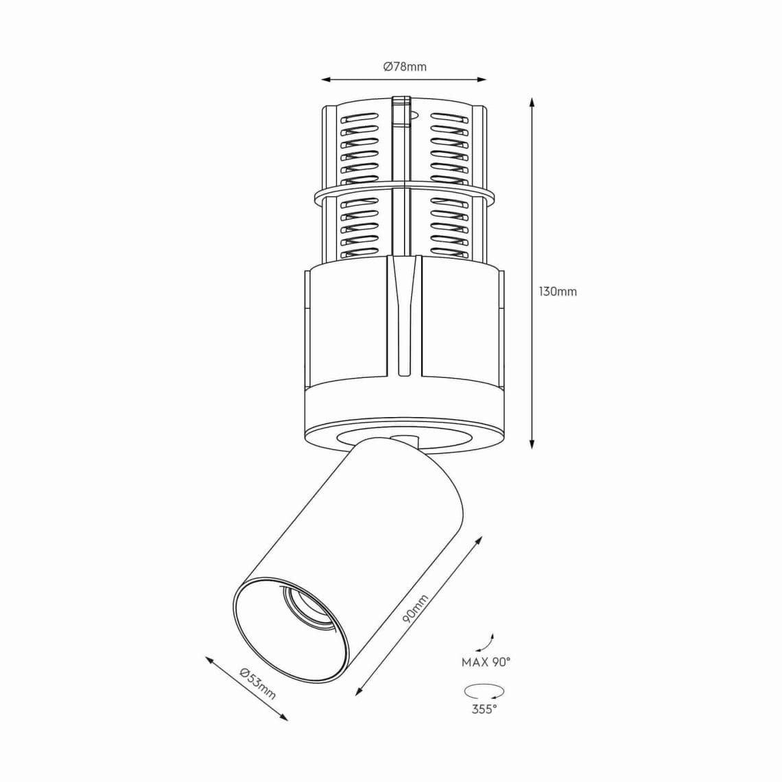 Technical drawing of the Dea Trivia M, an adjustable downlight-to-spot fixture, illustrating detailed dimensions and design specifications.