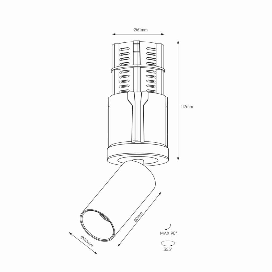 Technical drawing of the Dea Trivia S, an adjustable downlight-to-spot fixture, illustrating detailed dimensions and design specifications.
