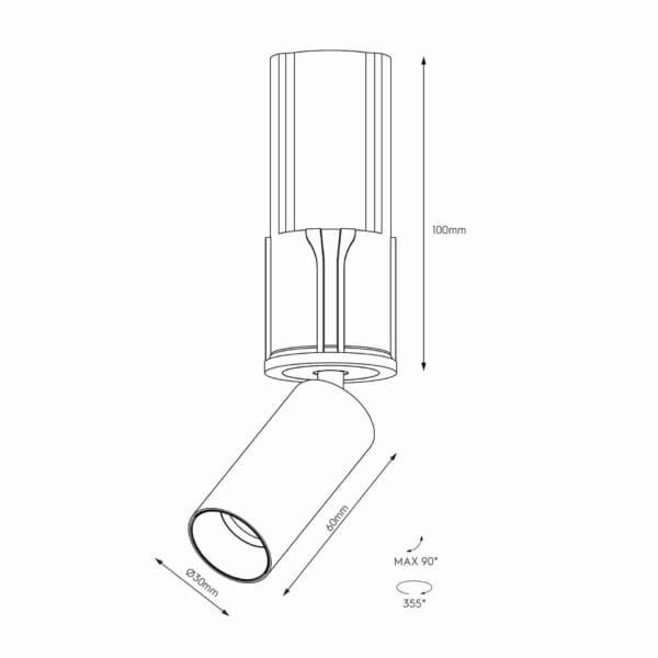 Technical drawing of the Dea Trivia XS, an adjustable downlight-to-spot fixture, illustrating detailed dimensions and design specifications.