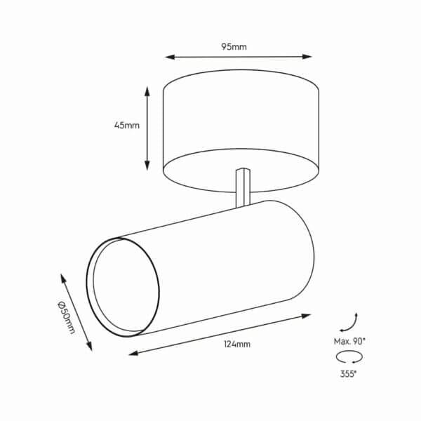 Technical drawing of the Caro SF, a surface-mounted spot, illustrating detailed dimensions and design specifications.