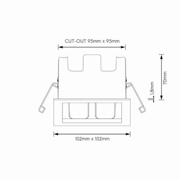 Technical drawing of theDea Athena M T Quadra Quadra duo, a versatile modular system, illustrating detailed dimensions and design specifications.