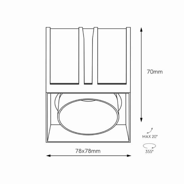 Technical drawing of the Dea Dion M, a modular fixture, illustrating detailed dimensions and design specifications.