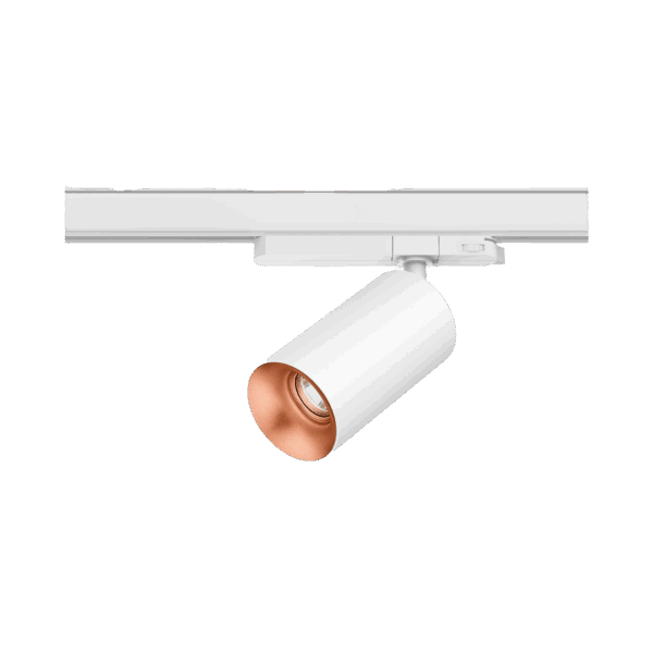 White version of the Dea Juno M with copper reflector, a track luminaire designed by Karizma Luce.