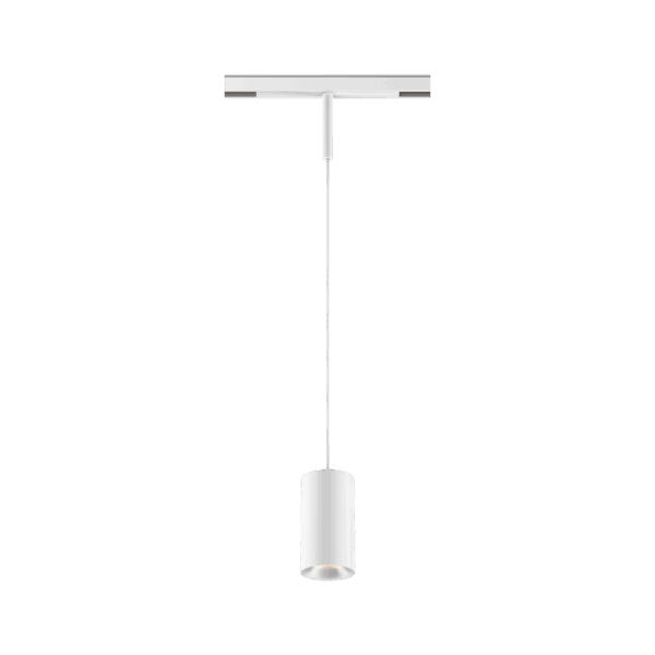 White version of the Dea Vesta-Q S with chrome reflector, a 48V pendant luminaire designed by Karizma Luce.
