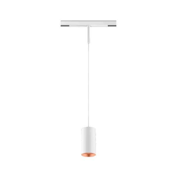 White version of the Dea Vesta-Q S with copper reflector, a 48V pendant luminaire designed by Karizma Luce.