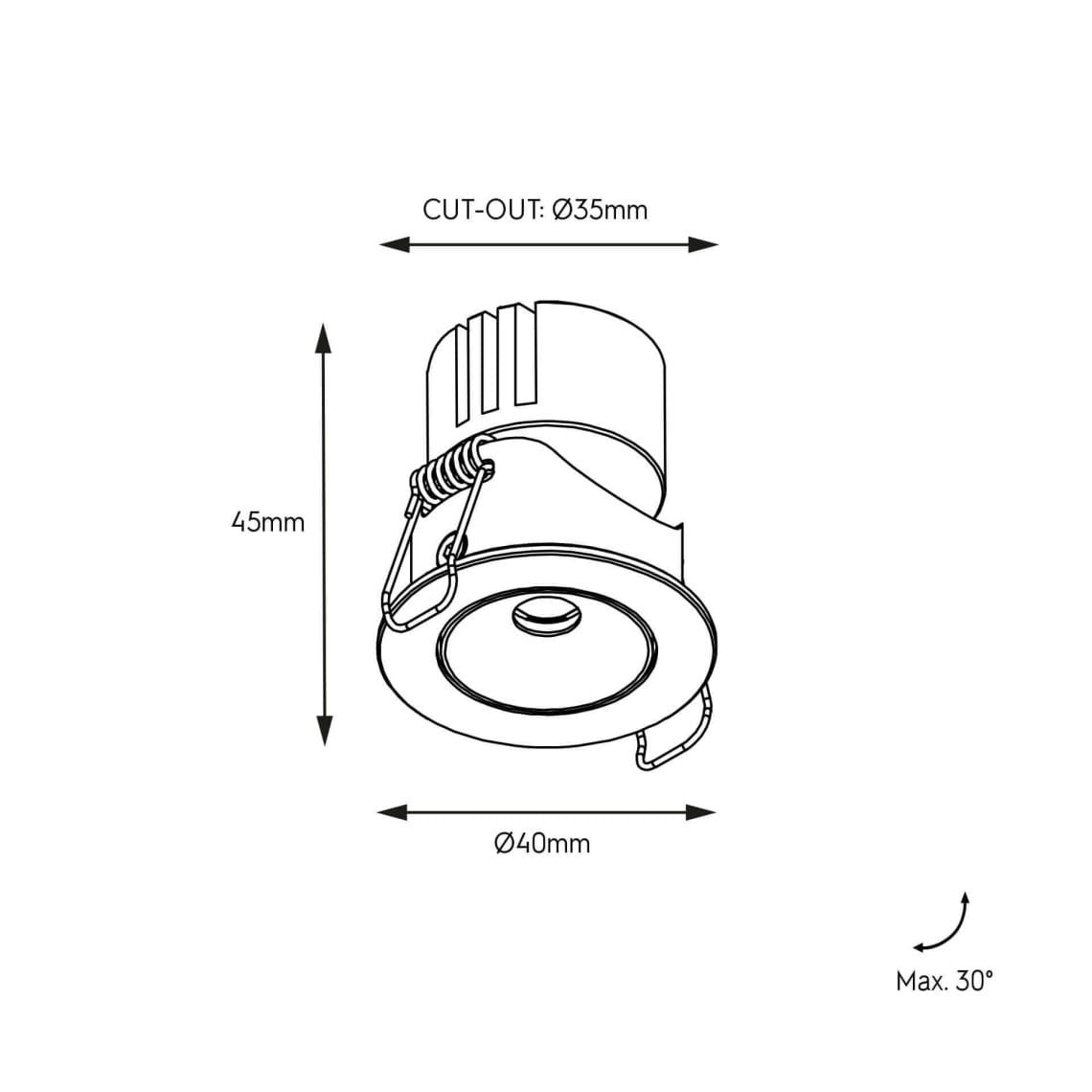 Technical drawing of the Mira Swing, an adjustable recessed luminaire, illustrating detailed dimensions and design specifications.