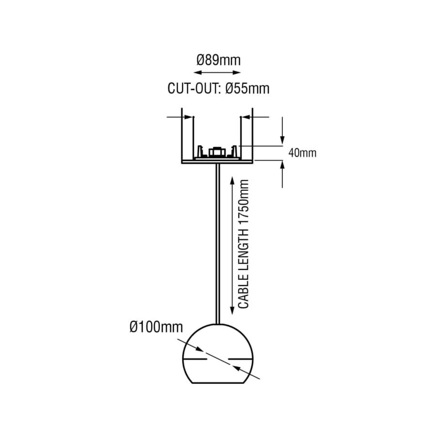 Technical drawing of the Dea Eros M PE-in, a suspended luminaire, illustrating detailed dimensions and design specifications.