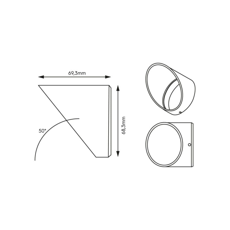 Technical drawing of the Artemis M Anti Glare Hood an accessory for the Artemis M, illustrating detailed dimensions and design specifications.