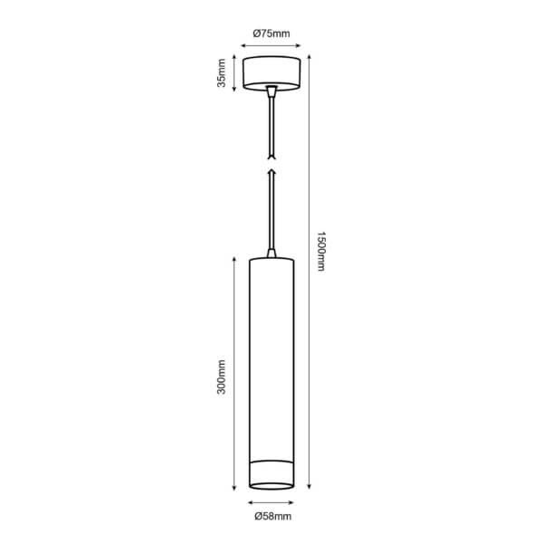 Technical drawing of the Vuoto Suspended, a suspended luminaire, illustrating detailed dimensions and design specifications.