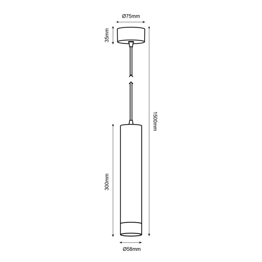 Technical drawing of the Vuoto Suspended, a suspended luminaire, illustrating detailed dimensions and design specifications.