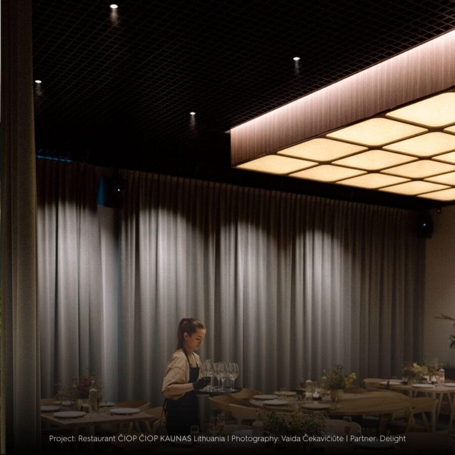 Restaurant with Karizma Luces Casa M lighting in the ceiling.