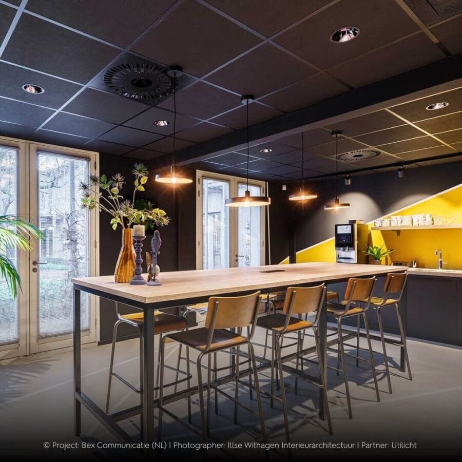 Canteen with Dea Amata L with black gloss reflector in black ceiling.