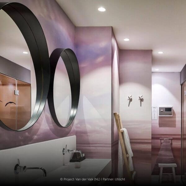 Bathroom with pink walls and Dea Amata XM from Karizma Luce in the ceiling.