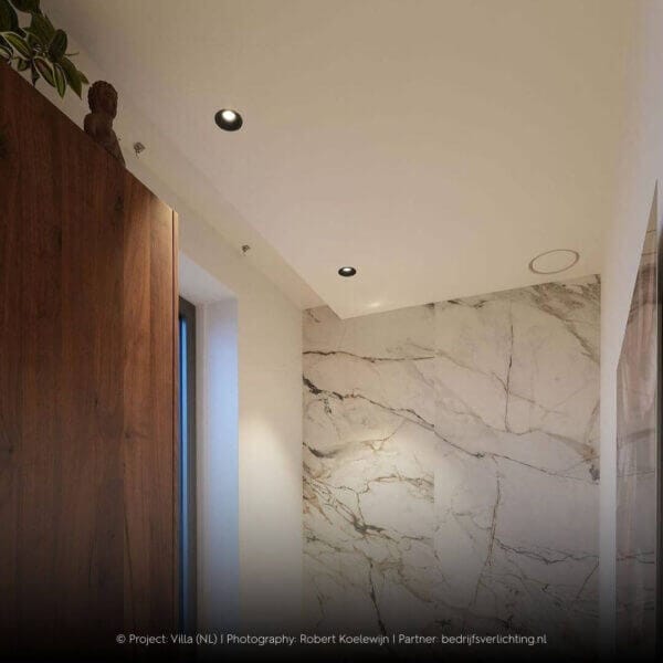 Bathroom with resistant Dea Apollo luminaire in the ceiling with marmer wall.