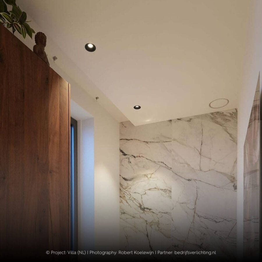Bathroom with resistant Dea Apollo luminaire in the ceiling with marmer wall.