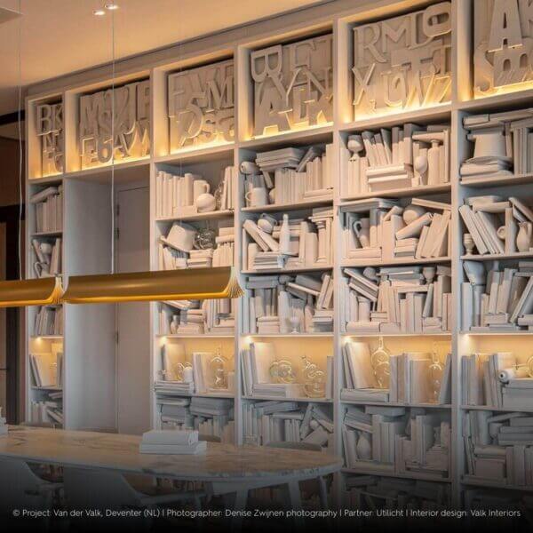 Decorative book cabinet at Van der Valk with Karizma Luces Dea Carmenta S in the ceiling.