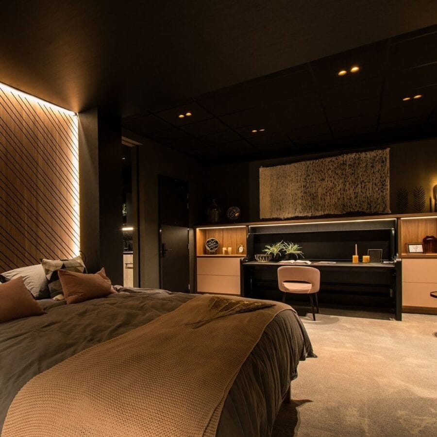 Dark bedroom with Dea Ceres M duo in the ceiling.