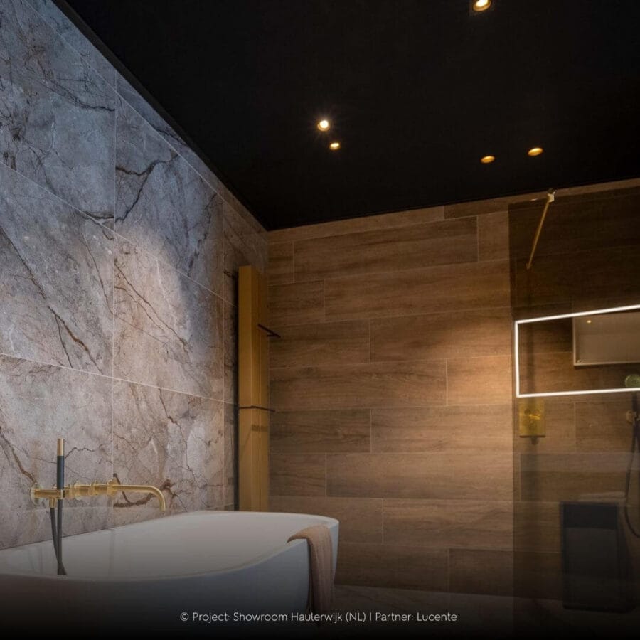 Dark bathroom with Karizma Luces Dea Ceres M in the ceiling.