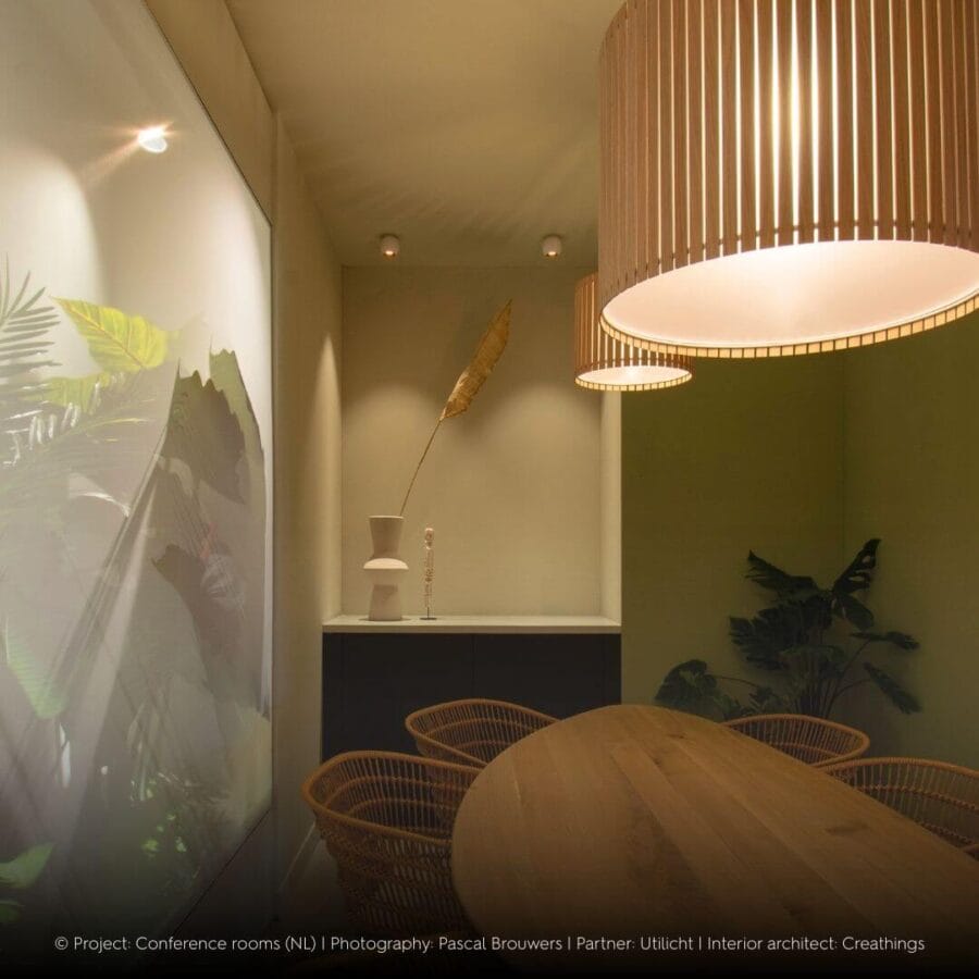 Meeting room with DEA EROS M PF on the ceiling in white, with green walls and wooden table.