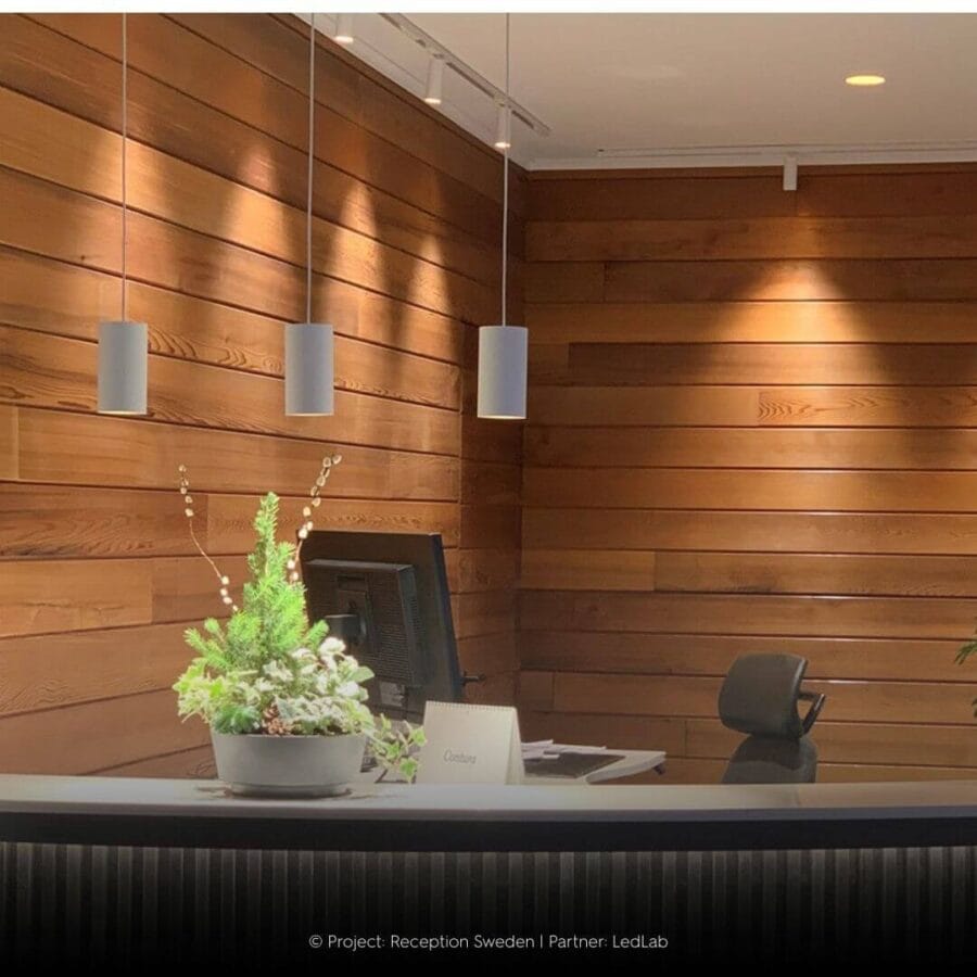 REception area with Dea Vesta white pendants hanging above the counter.