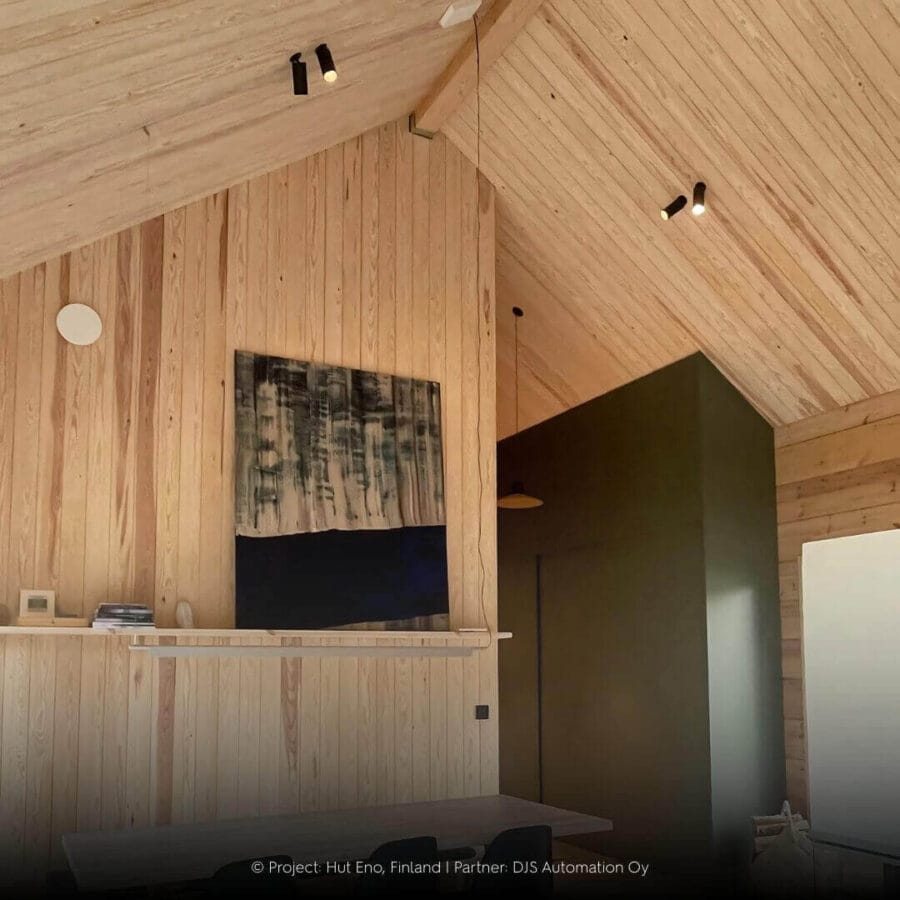 Wooden wall and ceiling with modern spots.